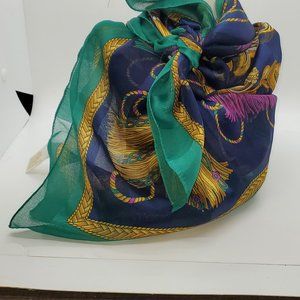 31" x 31"  Vintage Berkshire Gold Green and Purple tassels on Navy Blue field